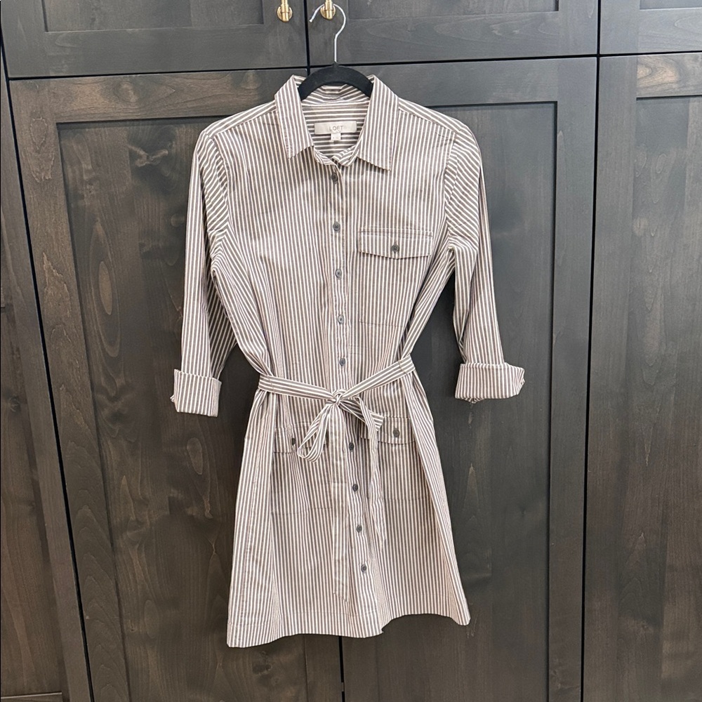 LOFT Dark Brown and White Striped Long Sleeve Dress